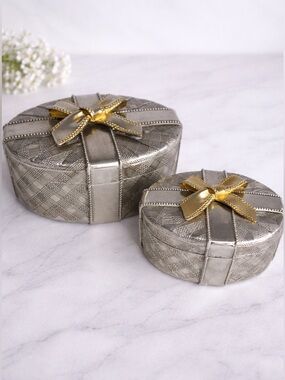 Vintage Godinger Silver ArtCo Trinket Box Set Gold Bow Silver Plated Jewelry Box